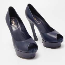 Pre Owned Saint Laurent Navy Blue Leather Peep Toe Pumps Size 38