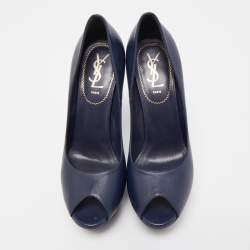 Pre Owned Saint Laurent Navy Blue Leather Peep Toe Pumps Size 38