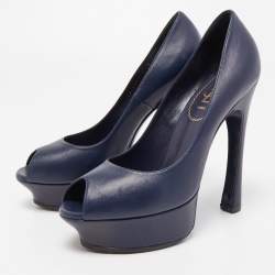 Pre Owned Saint Laurent Navy Blue Leather Peep Toe Pumps Size 38