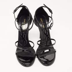 Saint Laurent Black Patent Leather Cassandra Strappy Sandals Size 42
