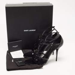 Saint Laurent Black Patent Leather Cassandra Strappy Sandals Size 42