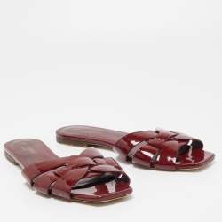 Saint Laurent Burgundy Patent Leather Tribute Flat Slides Size 39.5