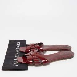 Saint Laurent Burgundy Patent Leather Tribute Flat Slides Size 39.5