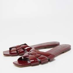 Saint Laurent Burgundy Patent Leather Tribute Flat Slides Size 39.5