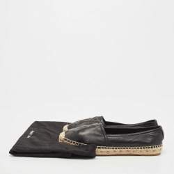 Pre Owned Saint Laurent Black Leather Embossed Logo Espadrille Flats Size 36