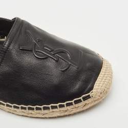 Pre Owned Saint Laurent Black Leather Embossed Logo Espadrille Flats Size 36