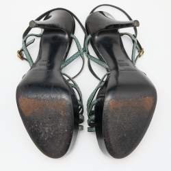 Yves Saint Laurent Green/Black Lizard Strappy Platform Sandals Size 38.5