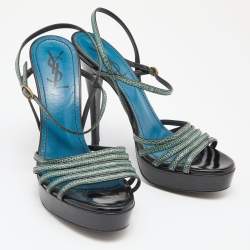 Yves Saint Laurent Green/Black Lizard Strappy Platform Sandals Size 38.5