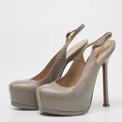 Saint Laurent Grey Leather Tribtoo Platform Slingback Pumps Size 35 