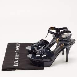 Saint Laurent Navy Blue Patent Leather Tribute Sandals Size 35.5