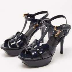Saint Laurent Navy Blue Patent Leather Tribute Sandals Size 35.5