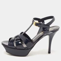 Saint Laurent Navy Blue Patent Leather Tribute Sandals Size 35.5