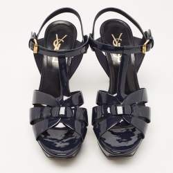 Saint Laurent Navy Blue Patent Leather Tribute Sandals Size 35.5