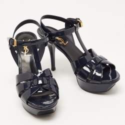Saint Laurent Navy Blue Patent Leather Tribute Sandals Size 35.5