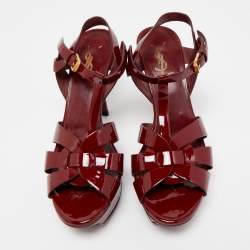 Pre Owned Saint Laurent Burgundy Patent Leather Tribute Sandals Size 39