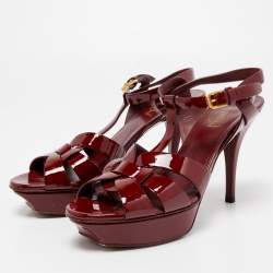 Pre Owned Saint Laurent Burgundy Patent Leather Tribute Sandals Size 39