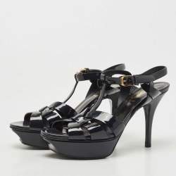 Pre Owned Saint Laurent Paris Navy Blue Patent Leather Tribute Sandals Size 36