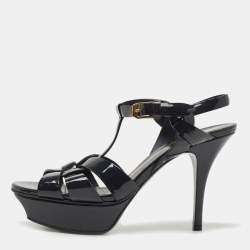 Pre Owned Saint Laurent Paris Navy Blue Patent Leather Tribute Sandals Size 36