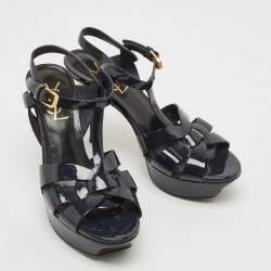 Pre Owned Saint Laurent Paris Navy Blue Patent Leather Tribute Sandals Size 36