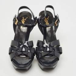 Pre Owned Saint Laurent Paris Navy Blue Patent Leather Tribute Sandals Size 36