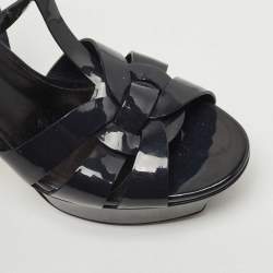 Pre Owned Saint Laurent Paris Navy Blue Patent Leather Tribute Sandals Size 36