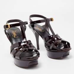 Pre Owned Saint Laurent Burgundy Patent Leather Tribute Sandals Size 35.5