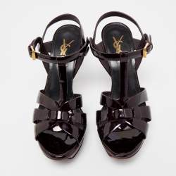 Pre Owned Saint Laurent Burgundy Patent Leather Tribute Sandals Size 35.5