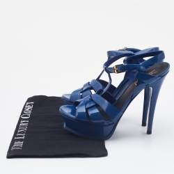 مملوكة مسبقًا Saint Laurent Blue Patent Leather Tribute Platform Sandals Size 36.5 