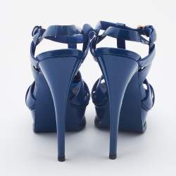 مملوكة مسبقًا Saint Laurent Blue Patent Leather Tribute Platform Sandals Size 36.5 