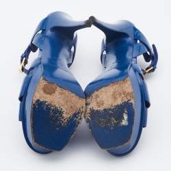 مملوكة مسبقًا Saint Laurent Blue Patent Leather Tribute Platform Sandals Size 36.5 