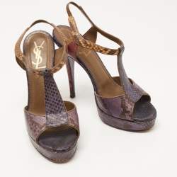 مملوكة مسبقًا Saint Laurent Multicolor Python Leather Slingback Platform  Sandals Size 38