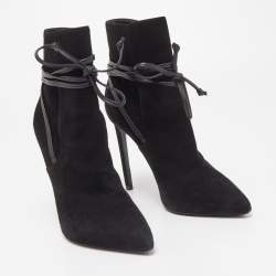 Pre Owned Saint Laurent Black Suede Pointed Toe Wrap Ankle Boots Size 38