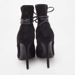 Pre Owned Saint Laurent Black Suede Pointed Toe Wrap Ankle Boots Size 38