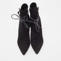 Pre Owned Saint Laurent Black Suede Pointed Toe Wrap Ankle Boots Size 38