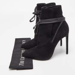Pre Owned Saint Laurent Black Suede Pointed Toe Wrap Ankle Boots Size 38