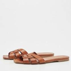 Pre Owned Saint Laurent Tan Leather Tribute Flat Slides Size 37
