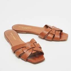 Pre Owned Saint Laurent Tan Leather Tribute Flat Slides Size 37