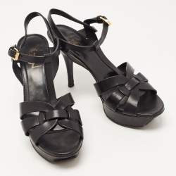 Pre Owned Saint Laurent Black Leather Tribute Ankle Strap Sandals Size 38.5