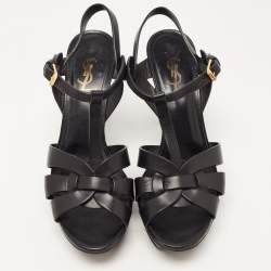 Pre Owned Saint Laurent Black Leather Tribute Ankle Strap Sandals Size 38.5