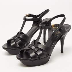Pre Owned Saint Laurent Black Leather Tribute Ankle Strap Sandals Size 38.5