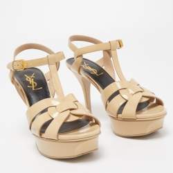 Pre Owned Saint Laurent Beige Leather Tribute Platform Sandals Size 35 
