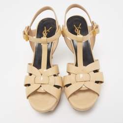 Pre Owned Saint Laurent Beige Leather Tribute Platform Sandals Size 35 