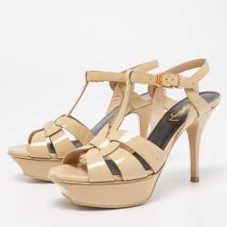 Pre Owned Saint Laurent Beige Leather Tribute Platform Sandals Size 35 