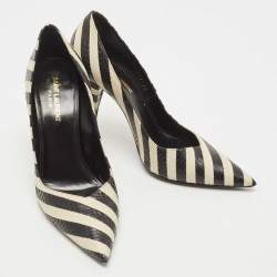 مملوكة مسبقًا Saint Laurent Black/White Snakeskin Leather Pointed Toe Pumps Size 39