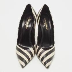 مملوكة مسبقًا Saint Laurent Black/White Snakeskin Leather Pointed Toe Pumps Size 39