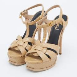 Pre Owned Saint Laurent Beige Croc Embossed Leather Tribute Sandals Size 38.5