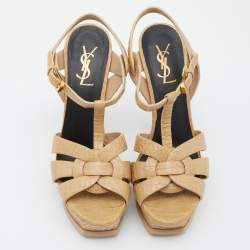 Pre Owned Saint Laurent Beige Croc Embossed Leather Tribute Sandals Size 38.5