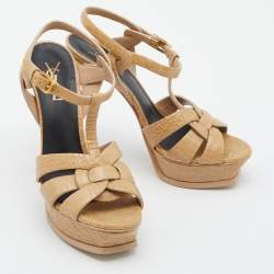 Pre Owned Saint Laurent Beige Croc Embossed Leather Tribute Sandals Size 38.5