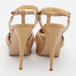 Pre Owned Saint Laurent Beige Croc Embossed Leather Tribute Sandals Size 38.5