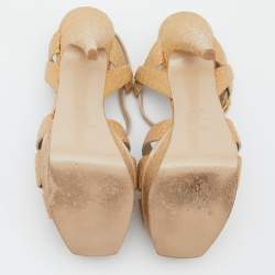 Pre Owned Saint Laurent Beige Croc Embossed Leather Tribute Sandals Size 38.5